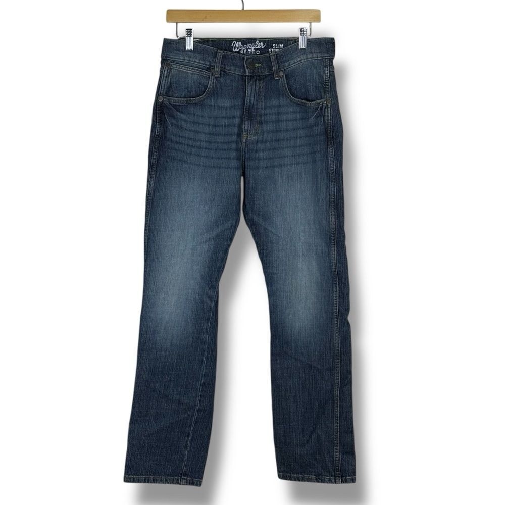 Wrangler Mens Retro Slim Straight Jeans 32x32 Blue Dark Wash Denim Cowboy Rugged